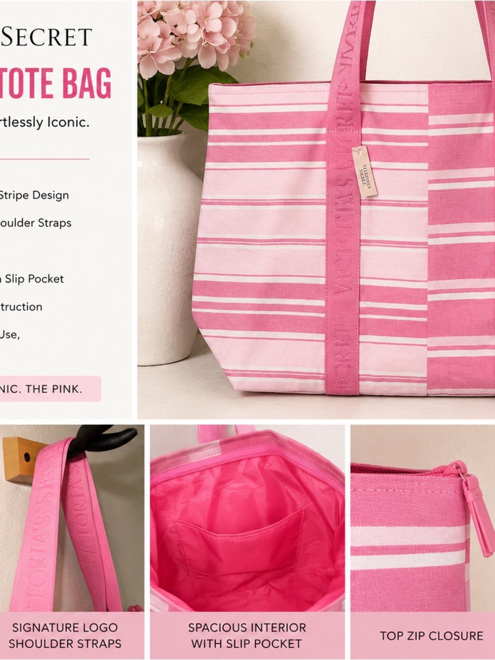 Victoria's Secret Pink Striped Canvas Tote